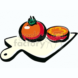 Clipart image of a whole tomato and a sliced tomato on a cutting board.