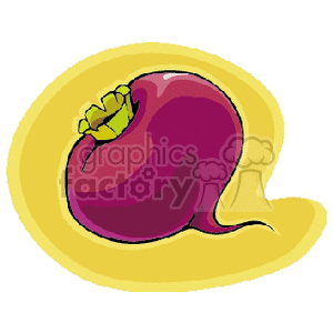 A clipart image of a red radish with leafy green tops against a yellow background.