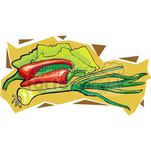 Clipart image of vegetables including red peppers, lettuce, and green onions on a yellow background.