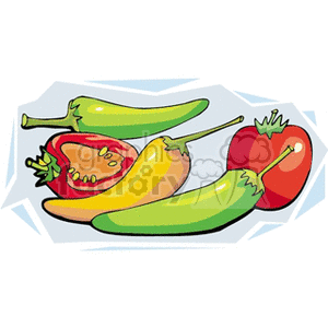 Clipart image of a variety of vegetables including a red tomato, red chili pepper, green chili pepper, and yellow chili pepper.