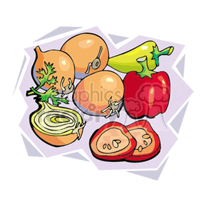 A colorful clipart image depicting various vegetables, including tomatoes, onions, bell peppers, and an eggplant.