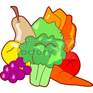A colorful clipart image of various fruits and vegetables including broccoli, grapes, a pear, an apple, a carrot, and a tomato.