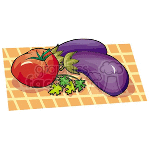 Clipart image featuring a tomato, two eggplants, and cilantro on a checkered placemat.
