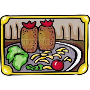 A colorful clipart image showing a plated meal with two breaded items topped with red crowns, surrounded by various vegetables including lettuce, sliced cucumbers, and a cherry tomato.
