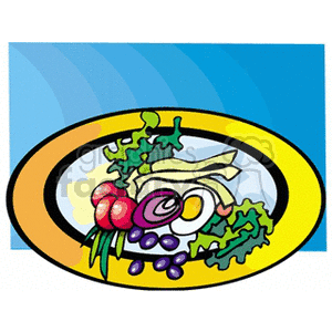 Colorful clipart of a salad plate containing various vegetables including tomatoes, lettuce, onions, and olives.