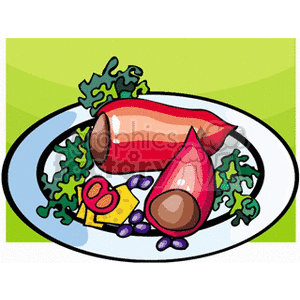 A colorful clipart image depicting a plate with vegetables, including beets, leafy greens, cherry tomatoes, yellow cheese pieces, and purple olives.