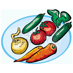 A colorful clipart image featuring various vegetables including carrots, tomatoes, cucumbers, an onion, and a leafy green vegetable.