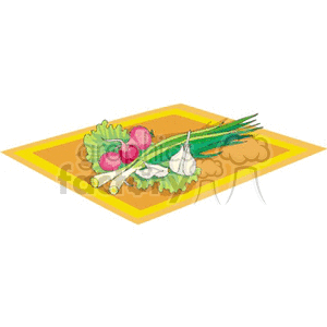 Clipart image of fresh vegetables including lettuce, radishes, spring onions, and garlic on an orange and yellow mat.