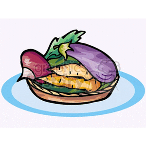 A clipart image of a basket containing fresh vegetables, including an eggplant, carrot, and radish, placed on a blue plate.
