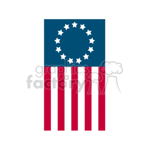 Illustration of the Betsy Ross flag, featuring 13 stars in a circle and 13 red and white stripes, symbolizing early United States history.