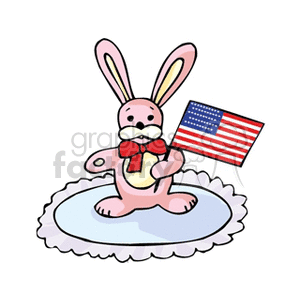 A cute pink bunny holding an American flag, standing on a decorative mat, themed for Independence Day celebrations.