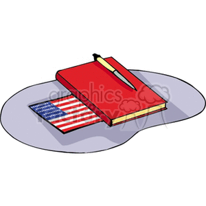 A clipart image featuring an American flag under a red notebook with a pen, symbolizing Independence Day and related themes.