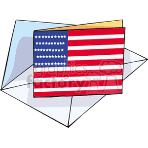 An illustration of an American flag on a greeting card with an envelope, representing Independence Day celebrations.