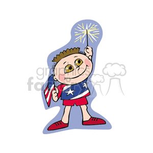 A cheerful child in patriotic clothing holding a sparkler and an American flag, celebrating Independence Day.