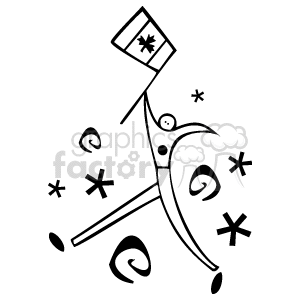 The clipart image displays a stylized figure holding a flag, which seems to have a snowflake or leaf symbol on it. The figure appears to be in a celebratory pose, possibly dancing or jumping with joy. The background is adorned with various small symbols, likely representing a festive atmosphere with confetti or decorations typically seen at parties or celebrations like birthdays, anniversaries, or national holidays.