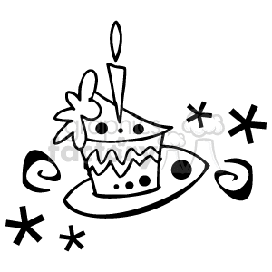 A festive black and white clipart image of a slice of cake with a candle on top, surrounded by decorative elements like stars and swirls.