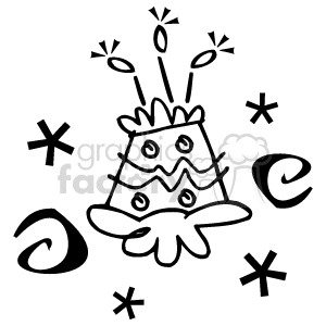 The image is a simple black and white clipart of a three-tiered birthday cake with candles on top. It is surrounded by decorative elements such as stars and swirls, giving it a festive and celebratory feel.