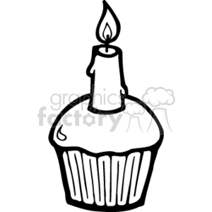 The image is a black and white clipart of a single cupcake with a lit candle on top. It has a simple design that suggests it could be used for birthdays, holidays, anniversaries, or any celebration requiring a cake or cupcake.