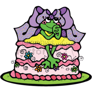 Little girl frog sitting on top of a cake