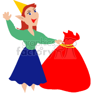   The image shows a cartoon depiction of a female Christmas elf. She has pointed ears, is wearing a green top, a blue skirt, and a yellow pointed hat. Her hair is brown, and she appears to be smiling and waving. The elf is holding a big red bag that looks like Santa