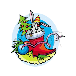 Clipart image featuring a festive rabbit in a Christmas stocking with a small decorated Christmas tree and ornaments.