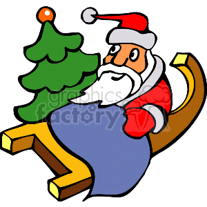 The clipart image depicts Santa Claus riding in a sleigh with a Christmas tree in the background. Santa is wearing his traditional red and white suit and hat with a long white beard. The sleigh appears to be in motion, highlighted by the lines suggesting movement.