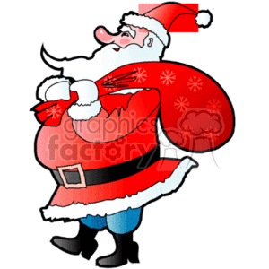 This is a clipart image of Santa Claus wearing his traditional red and white outfit with a hat, carrying a large red sack over his shoulder decorated with snowflake patterns, likely filled with gifts. 