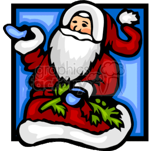   The image is a clipart of Santa Claus. He is depicted in his traditional red suit and hat, with a white beard and gloved hands. Santa is sitting and appears cheerful, with one hand raised in a welcoming gesture. The background is stylized with blue shapes that might suggest a snowy window or a cold winter