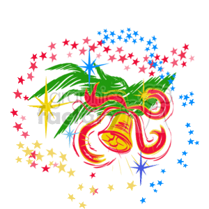 The clipart image depicts a pair of stylized Christmas bells with decorative elements. The bells are adorned with ribbons, and there are green leaves that resemble holly or pine in the background. Surrounding the bells and the foliage, there are numerous colorful stars, some of which appear to be sparkling, enhancing the festive holiday vibe of the illustration.