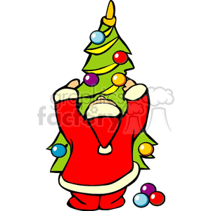 Clipart of Santa Claus decorating a Christmas tree with colorful bulbs.