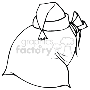 The clipart image displays a sack typically associated with Christmas, often symbolizing the bag Santa Claus carries which is filled with gifts for children. The sack is closed and tied at the top, with what looks like a ribbon or a cloth. The fabric of the sack appears bulging and full, indicating that it is packed with items. It also has a Santa's hat resting on the top of it