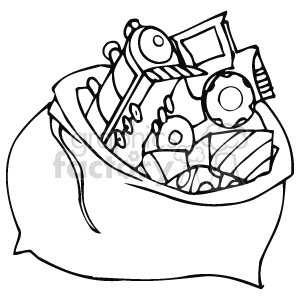 The clipart image depicts a sack full of toys and gifts. Inside the bag, there appears to be trains and trucks, as well as other wrapped gifts