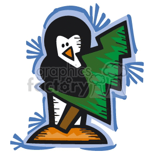 Penguin Holding a Green Christmas Tree Outlined in Blue