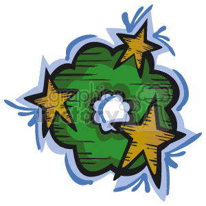 Clipart image of a festive green Christmas wreath adorned with gold stars and blue accents.