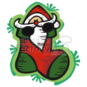 A festive Christmas-themed clipart of a stocking decorated with a Santa Claus design and green accents.