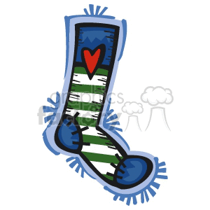 Clipart of a festive Christmas stocking with stripes and a red heart design.