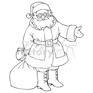 The clipart image depicts a drawing of Santa Claus. He is wearing his traditional attire, which includes a coat, belt, boots, and glasses, along with a hat. Santa appears to have a friendly demeanor, holding one hand up in what seems to be a greeting gesture, and he is carrying a sack over his shoulder that is presumably filled with toys and gifts.