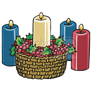 The clipart image depicts a basket filled with holly berries and leaves, accompanied by four candles of varying colors: two blue, one cream, and one red. The candles are lit, suggesting a warm, festive atmosphere associated with the holiday season.