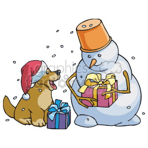 The image is a clipart illustration depicting a festive holiday scene. It includes a cheerful snowman wearing a top hat (possibly an upside down garden pot!) and holding a gift wrapped with a ribbon. Beside the snowman is an excited brown dog, wearing a Santa hat. The dog appears to be looking at the snowman while a gift is placed on the ground, hinting at a playful interaction. It is snowing around them, enhancing the winter holiday atmosphere.