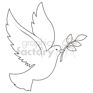   The clipart image depicts a dove in mid-flight carrying an olive branch, which is a symbol often associated with peace. The image is rendered in black and white, stylized with bold outlines and minimal detail, giving it a clean and simple appearance suitable for various uses, such as religious contexts, holiday themes, or events promoting peace and harmony. 