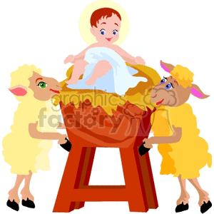 Clipart illustration of a nativity scene featuring baby Jesus in a manger with two sheep.