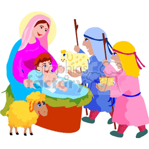 Colorful clipart illustration of a nativity scene featuring Mary, baby Jesus in a manger, and two shepherds offering gifts, with a sheep nearby.