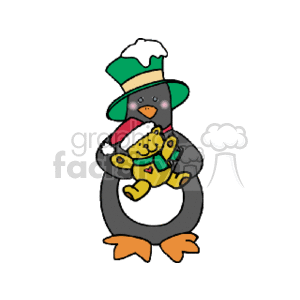 Cartoon Christmas Penguin Holding Teddy Bear