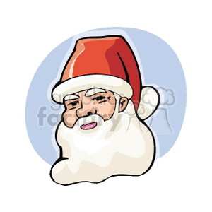 Clipart image of Santa Claus with a classic red hat and white beard, set against a blue background.