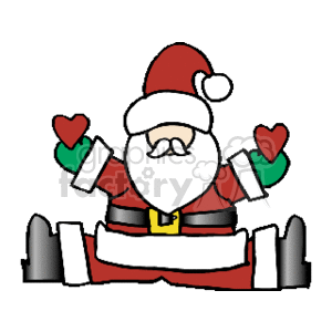 The image depicts a cute and simple cartoon of Santa Claus. Santa is wearing his traditional red and white suit with a black belt and yellow buckle. He appears cheerful with a prominent white beard and mustache. His arms are spread out, and each hand is holding a green mitten with a heart. The background is plain and does not distract from Santa himself.