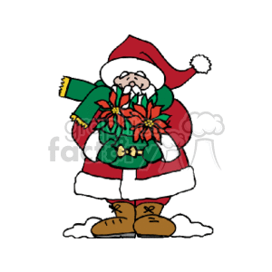 The clipart image depicts a cheerful Santa Claus holding a large bunch of festive, red poinsettia flowers. Santa is dressed in his traditional red suit with white fur trim, a matching red hat with a white pompom, a green scarf, and brown boots. There is also a sprinkle of white at his feet, suggesting snow.