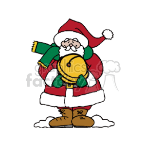 The clipart image depicts a cartoon of Santa Claus standing in what seems to be snow. He is holding a large golden bell in front of him with both hands. Santa is wearing his iconic red suit with white trim, a red hat with a white pom-pom, a green scarf, and brown boots with a cross-stitch pattern on them.