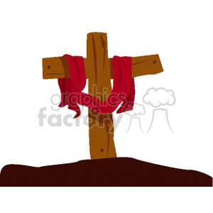 Clipart image of a wooden cross with a red cloth draped over it, symbolizing Easter and Christianity.