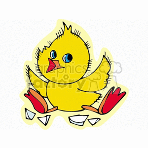 A cheerful yellow Easter chick with blue eyes and red feet sits amidst broken eggshell pieces, expressing happiness and festivity.