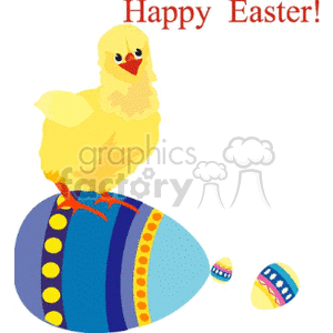 A festive Easter clipart image featuring a yellow chick standing on a large, decorated Easter egg with smaller painted eggs nearby. The words 'Happy Easter!' are displayed at the top.